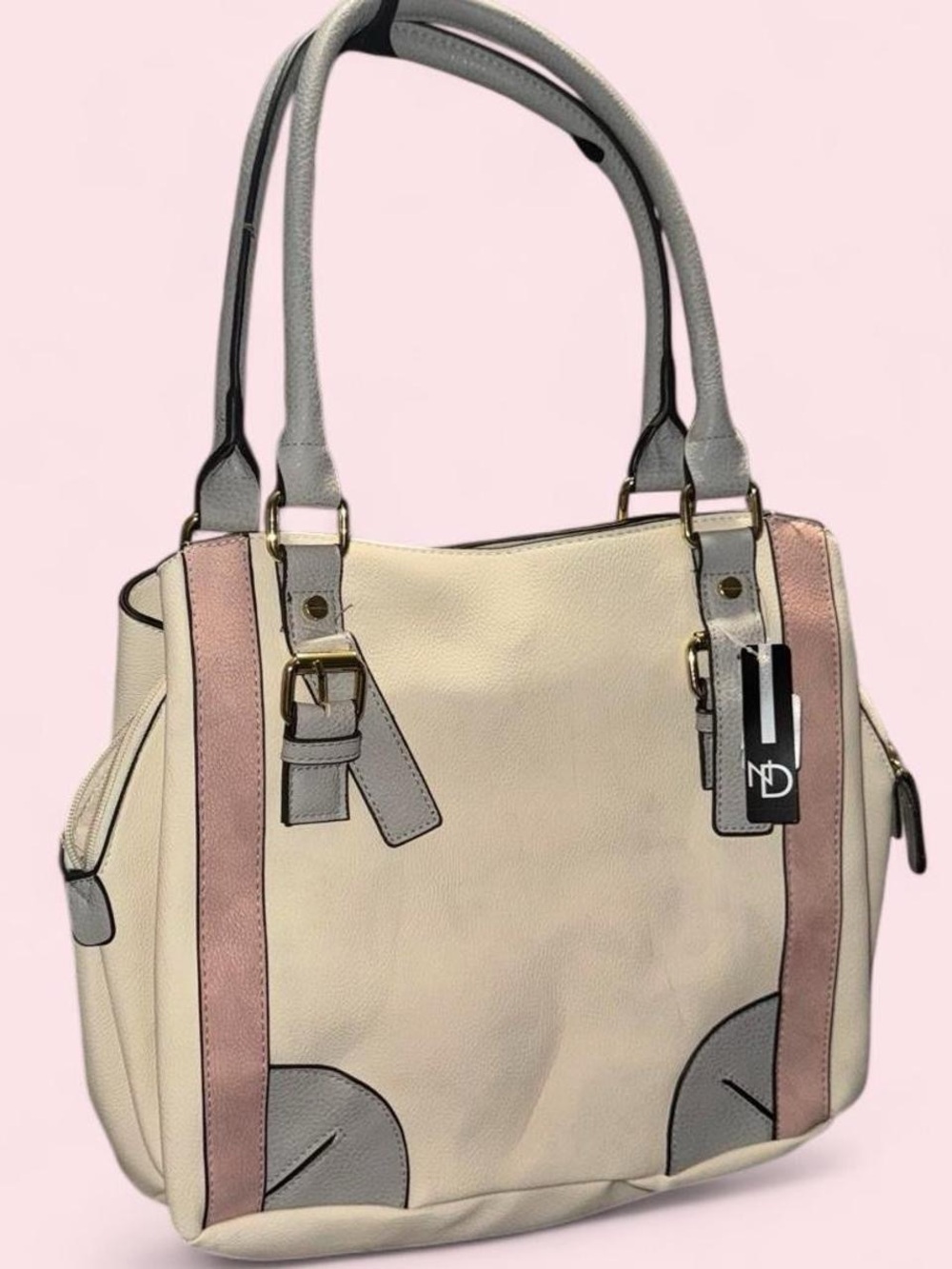 NWT new directions Cream Shoulder Tote with Pink Stripes and Gray Accents